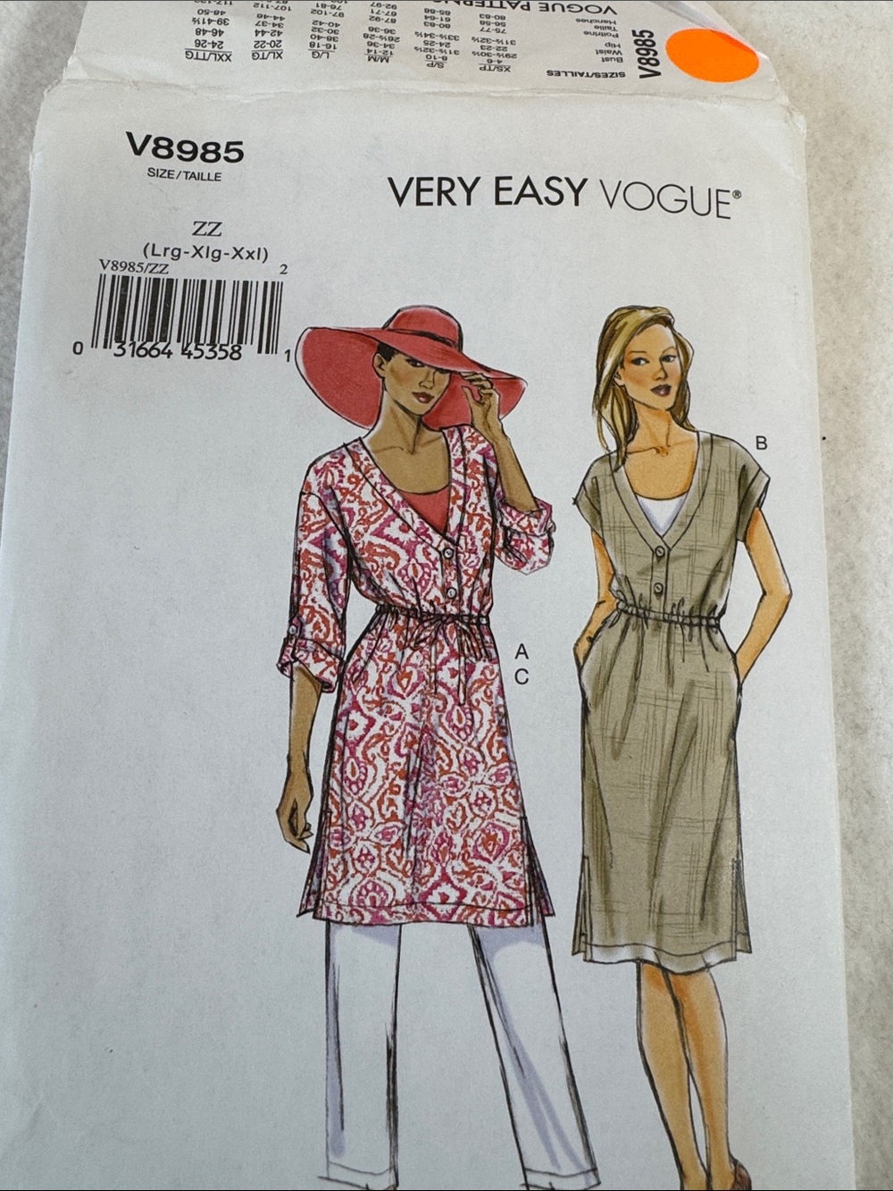Vogue Pattern  8985‎ Tunic, Dress and Pants sizes Large, XLarge and XX Large